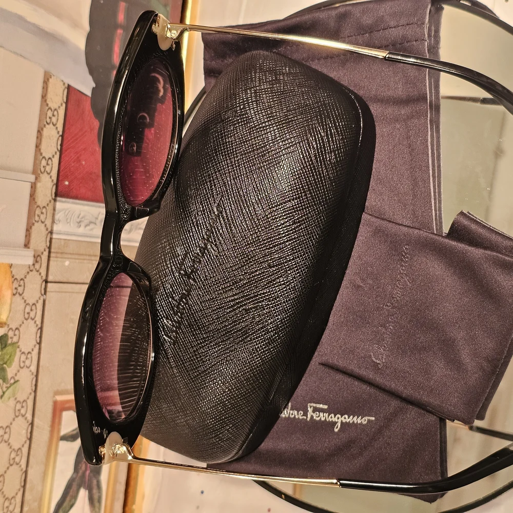 Authentic Salvatore Ferragamo Oval Black and Gold Oval Sunglasses - Picture 11 of 16